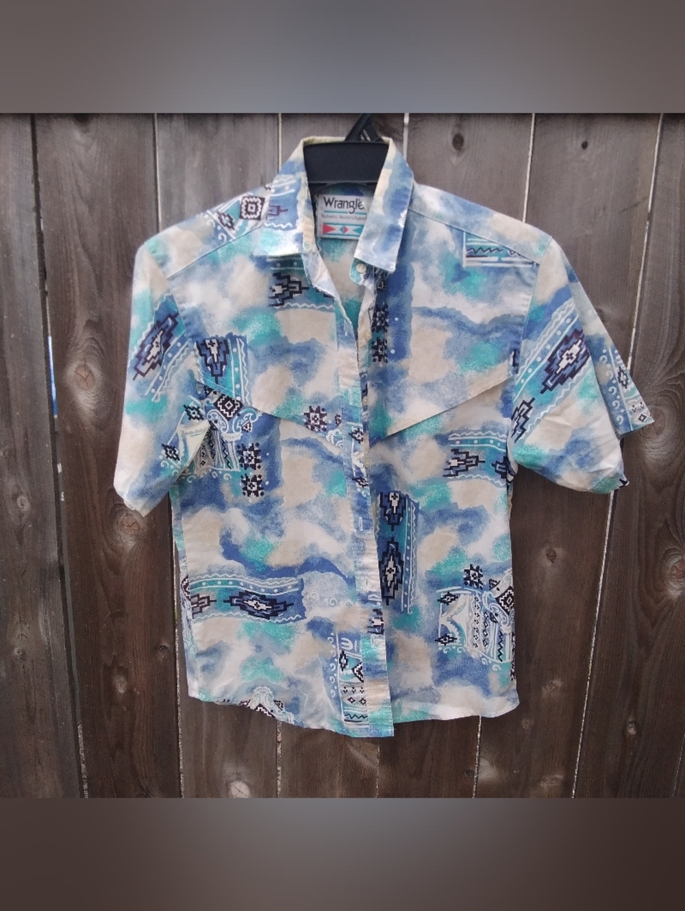 Vintage Wrangler Top 90s Short Sleeve Aztec Print Button Up Shirt Blue Cream